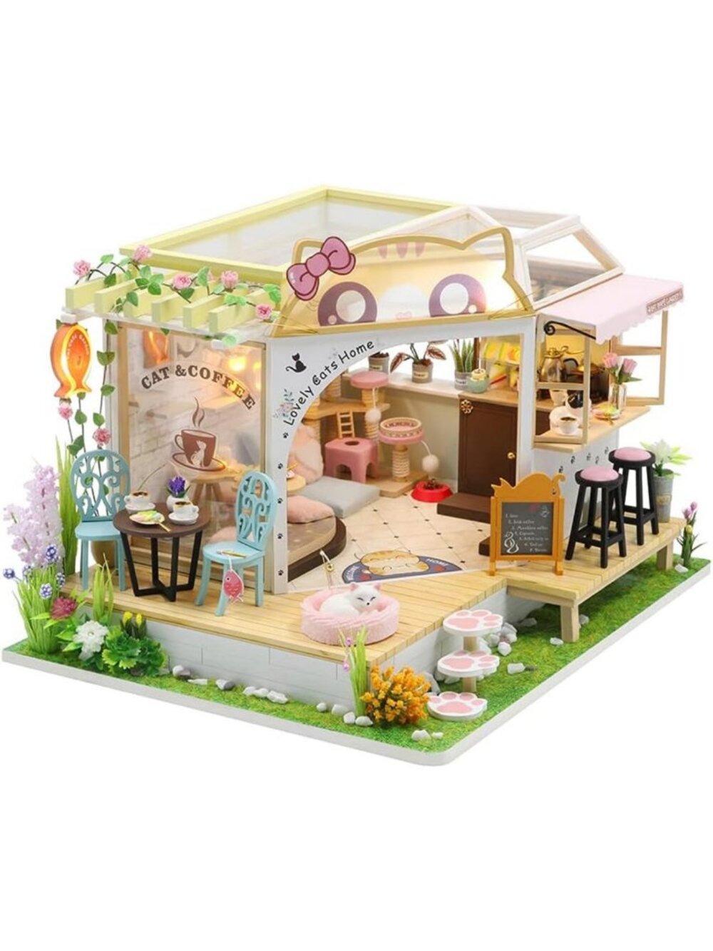 Miniature DIY Dollhouse Kit with Furniture - Romantic Cat Cafe Garden Gift